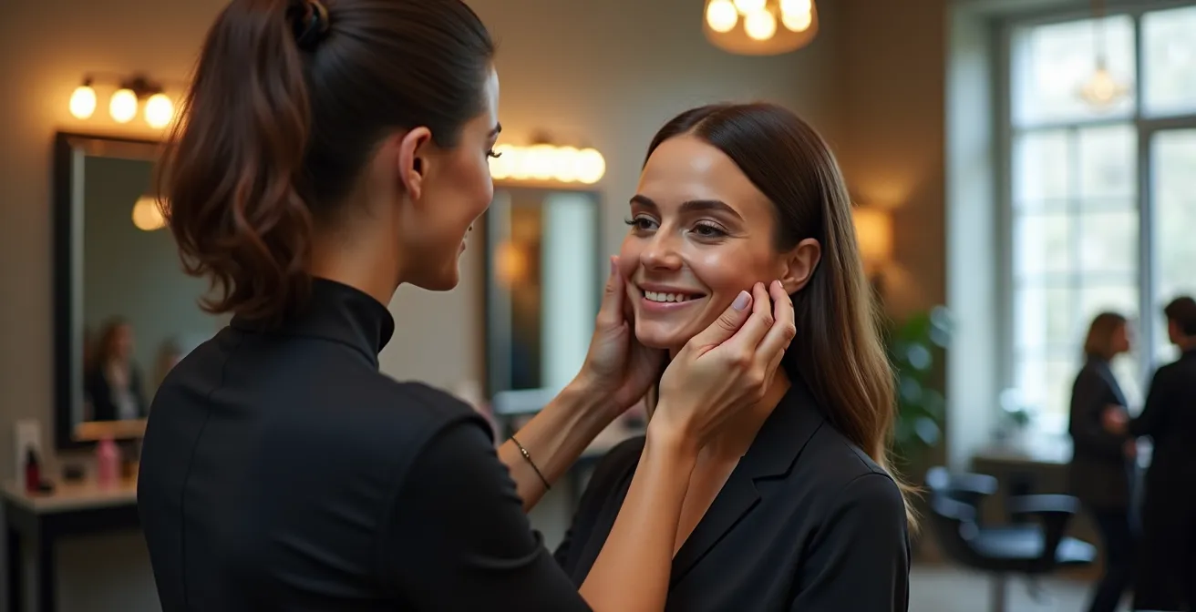 Coiffeur professionnel en consultation avec une cliente, analysant la forme de son visage